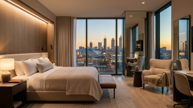 Modern luxury hotel room in downtown Atlanta, showcasing available accommodation options and last minute hotels Atlanta World Cup 2026.