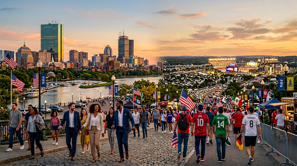 Boston skyline and Gillette Stadium during FIFA World Cup 2026 with football fans arriving for the tournament.