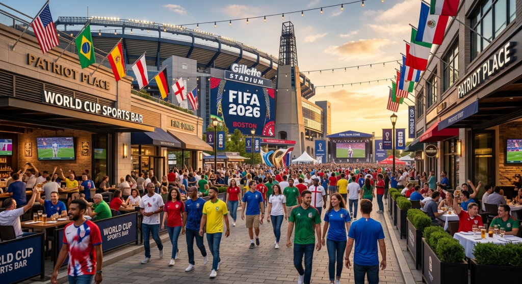 Patriot Place near Gillette Stadium with football fans during FIFA World Cup 2026.