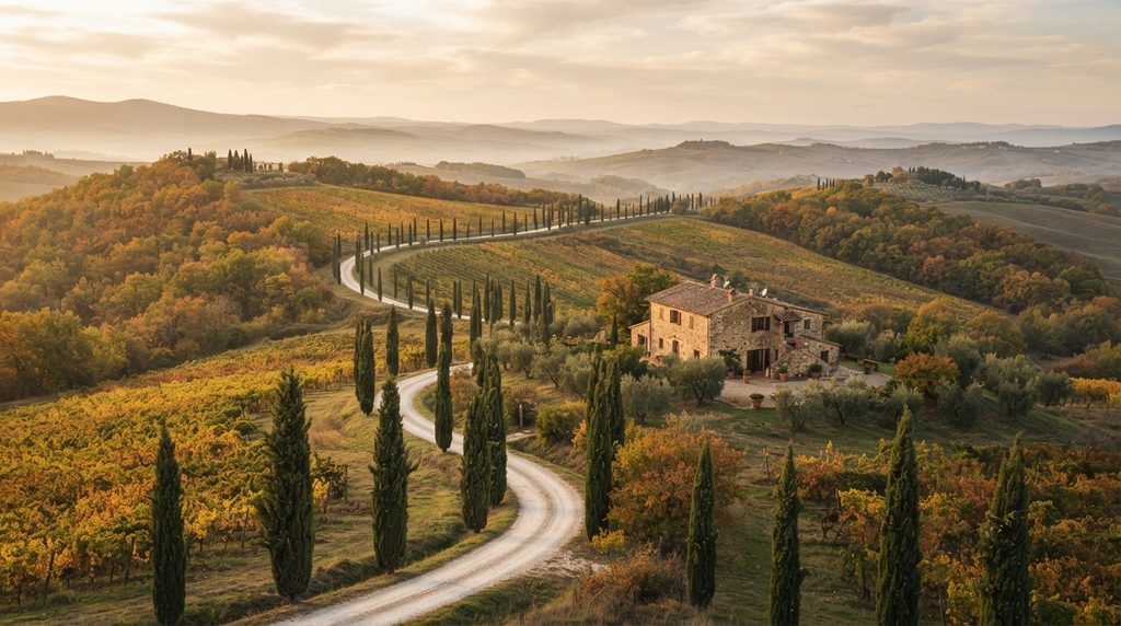 Autumn vineyards and rolling countryside in Tuscany, Italy
