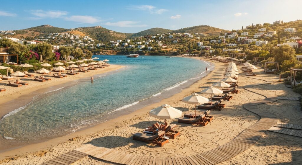 Crystal clear turquoise water and sandy shoreline at Bitez Beach in Bodrum.