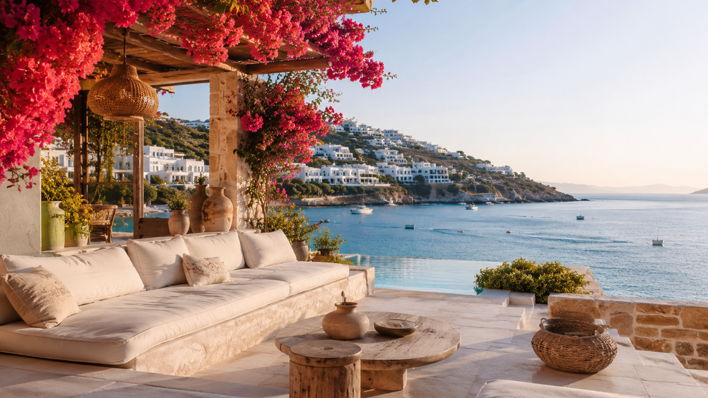 "A serene, luxury coastal view in Bodrum combining minimalist design and natural neutral tones, perfect for a relaxing Mediterranean escape."
