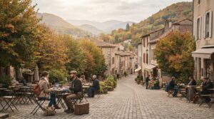 Best Places to Visit in Europe in October European town surrounded by golden autumn hills with travelers enjoying a quiet café in October.