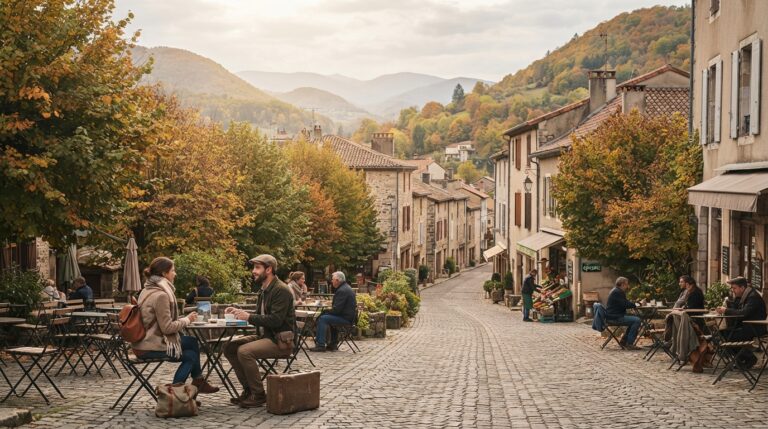 Best Places to Visit in Europe in October European town surrounded by golden autumn hills with travelers enjoying a quiet café in October.