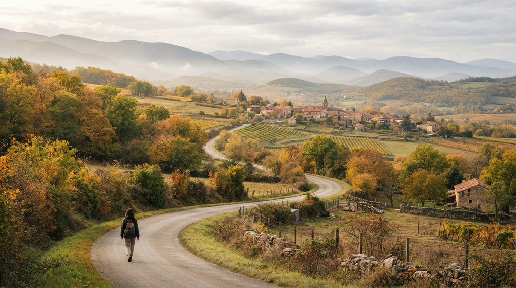 Best Places to Visit in Europe in October European autumn countryside with a traveler walking along a winding road toward a scenic village and mountains in October.