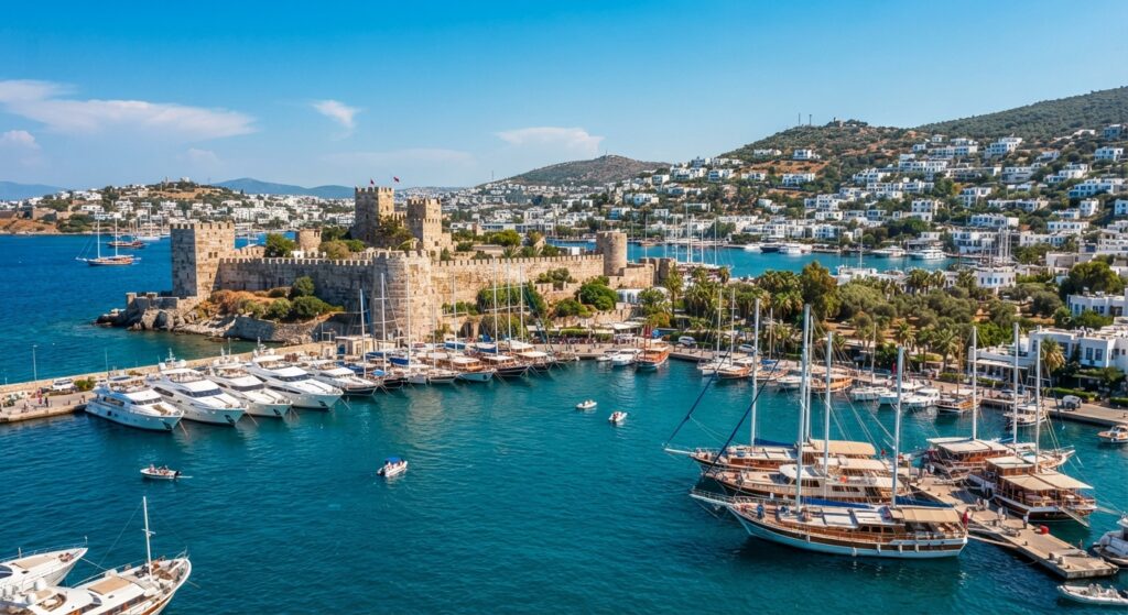 The historic Bodrum Castle and medieval stone walls overlooking the marina and blue sea.