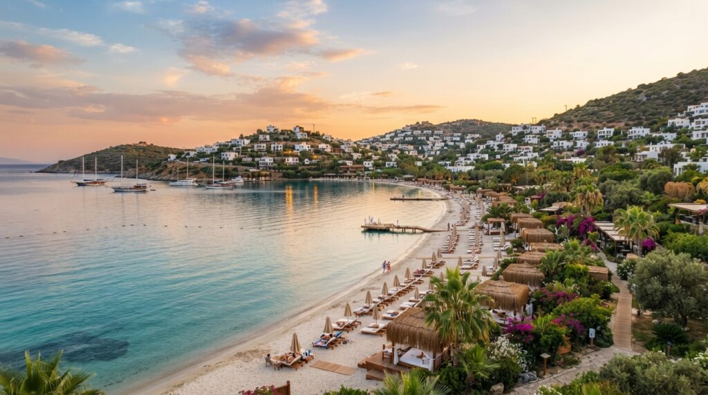 Best beaches in Bodrum featuring crystal clear turquoise water, sandy shorelines, and luxury coastal scenery