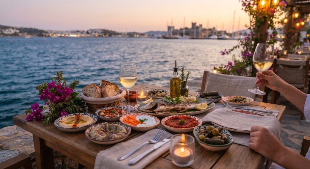Traditional Turkish meze dishes and fresh Aegean seafood served at a waterfront restaurant in Bodrum.