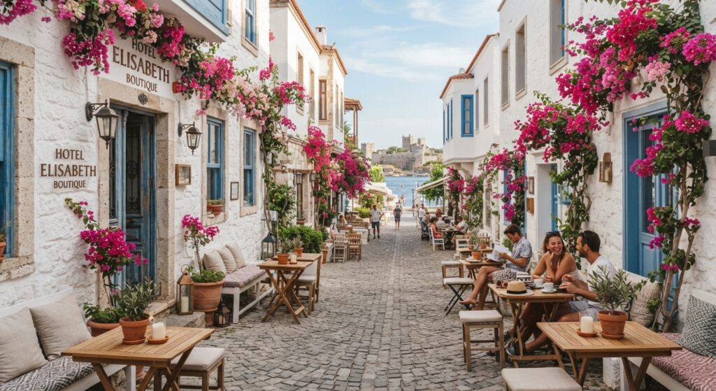 Charming whitewashed streets, bougainvillea flowers, and traditional cafes in Bodrum Town old town.