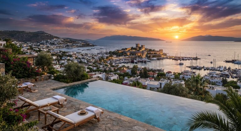 الوصف: A luxury infinity pool overlooking the turquoise Aegean Sea, whitewashed houses, and Bodrum Castle at sunset.