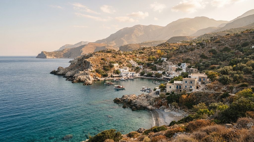 Crete coastline, olive trees, and Mediterranean landscape in autumn