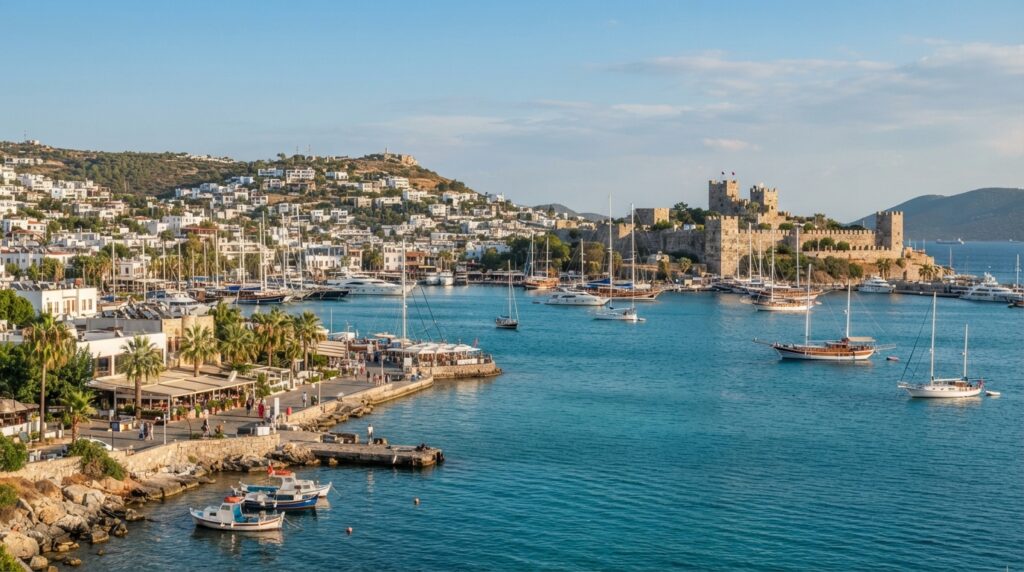 Bodrum Turkey in September with turquoise Aegean waters and Bodrum Castle