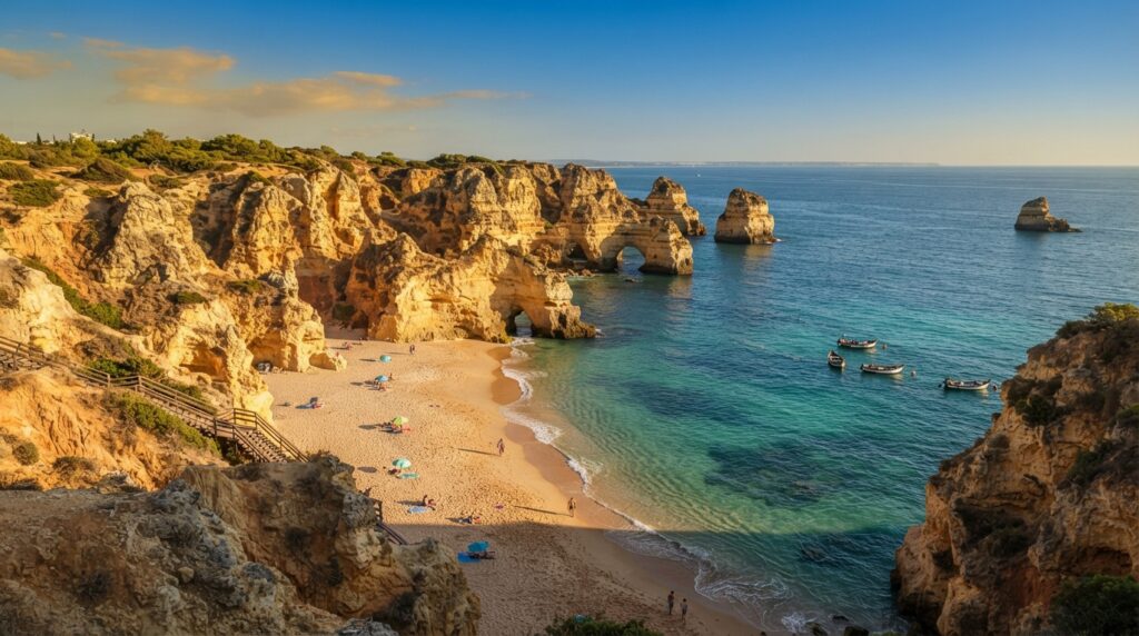 Algarve Portugal in best late summer destinations
 with golden cliffs and Atlantic beach