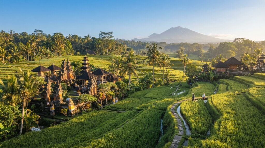 Bali Indonesia in September with tropical rice terraces and temple