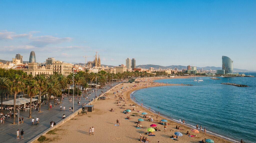 Barcelona Spain in September with Mediterranean beach and city skyline
