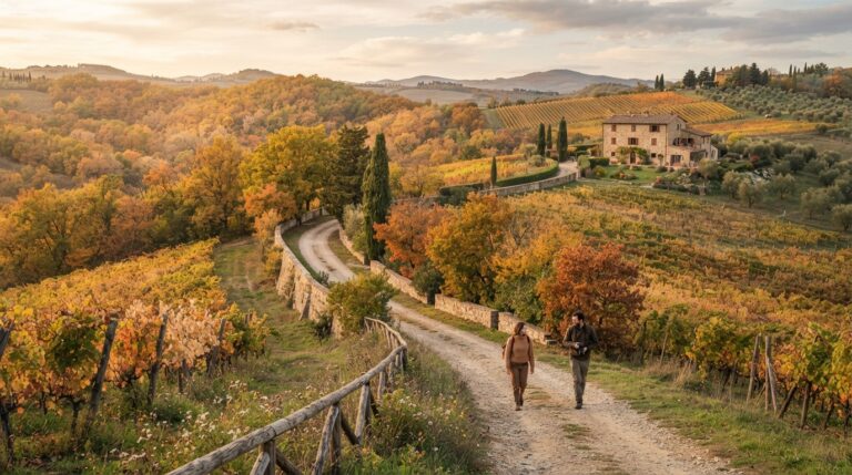 Best fall destinations in Europe 2026 - Scenic autumn landscape in a European countryside with golden foliage and rustic charm