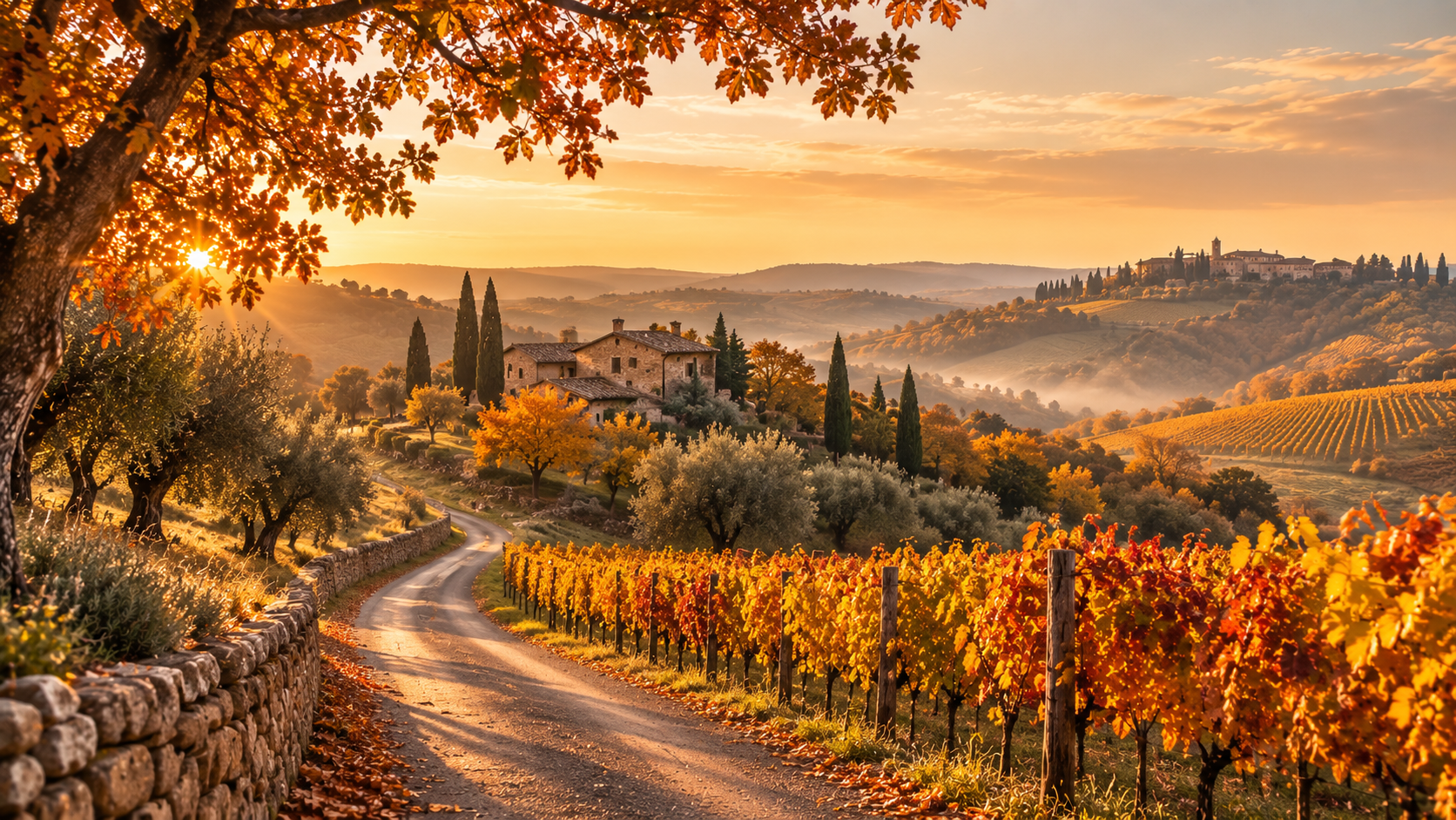 Best fall destinations in Europe 2026 - Scenic autumn landscape with golden vineyards, a winding country road, and rolling hills at golden hour