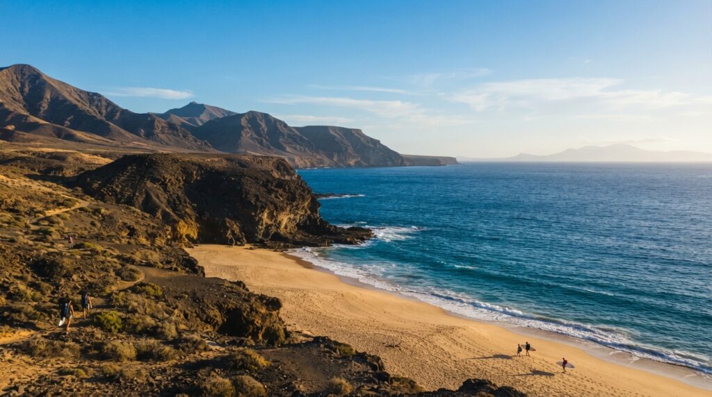 Canary Islands Spain in September with volcanic landscape and Atlantic beach