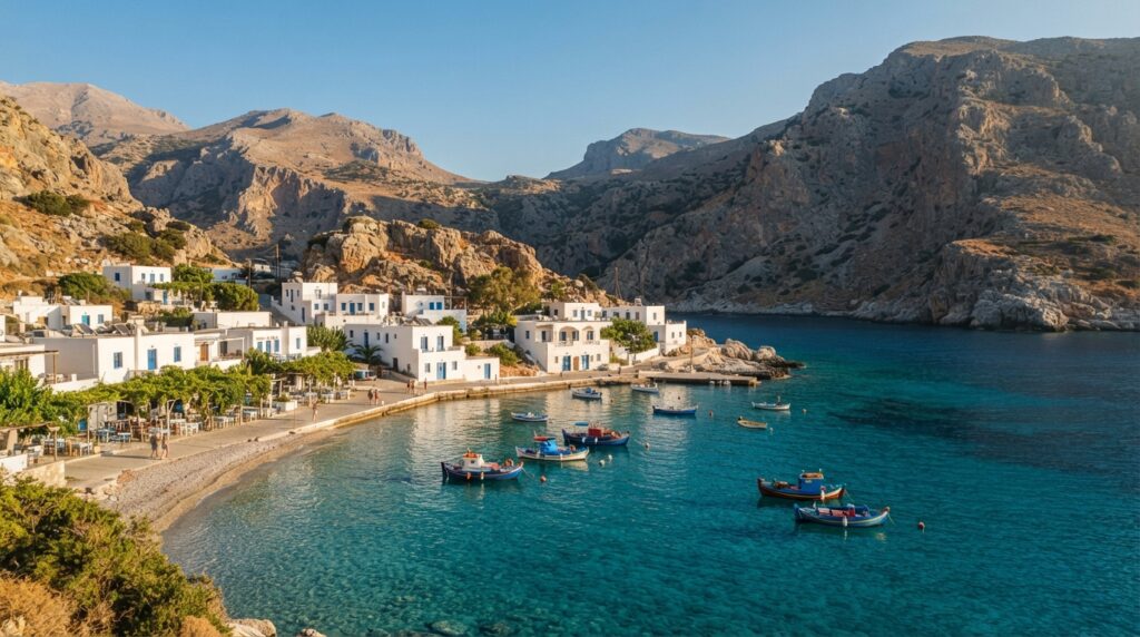 Crete Greece in September with turquoise Mediterranean bay and mountains
