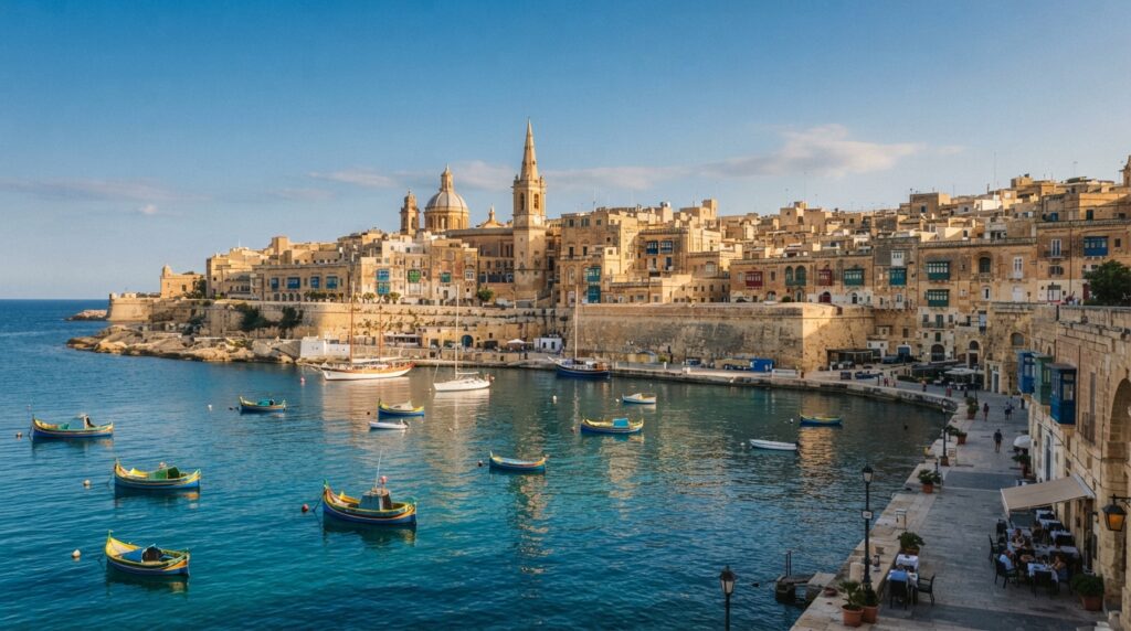 Malta in September with historic limestone buildings and Mediterranean harbor
