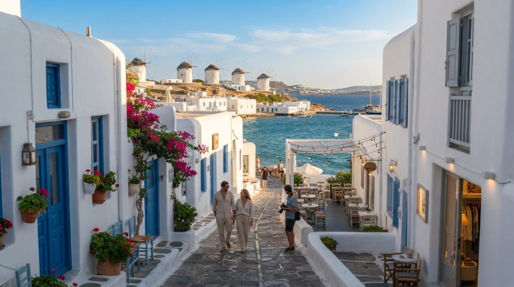 Mykonos Greece in September with whitewashed buildings and Aegean Sea
