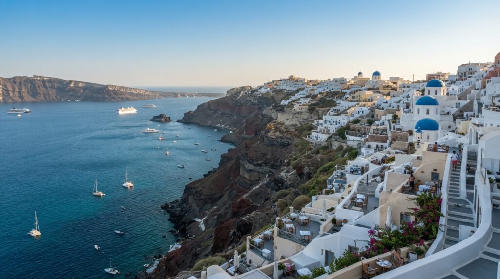 Santorini Greece in September overlooking the Aegean Sea