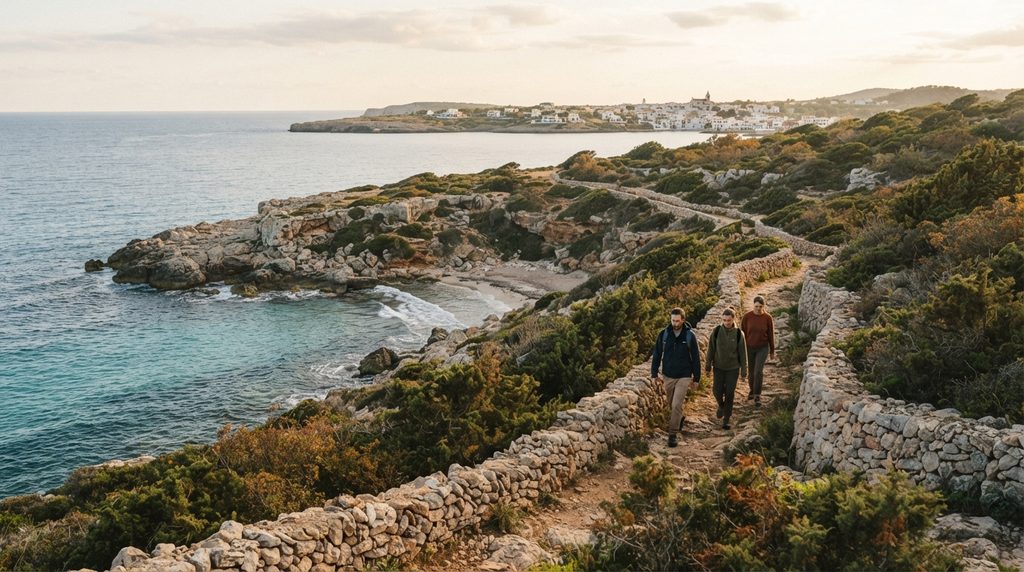 Quiet Menorca coastline in October with travelers walking along a Mediterranean nature trail