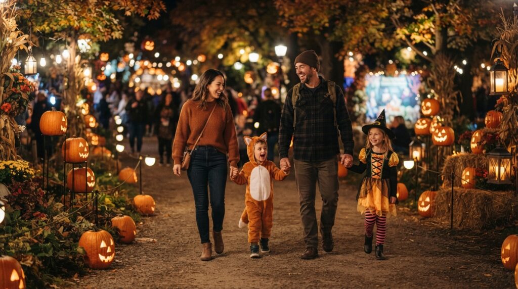 Family enjoying a Halloween attraction in the USA during autumn