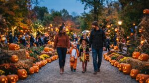 Families enjoying a festive Halloween attraction with pumpkins and lights