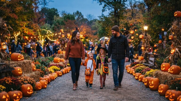 Families enjoying a festive Halloween attraction with pumpkins and lights