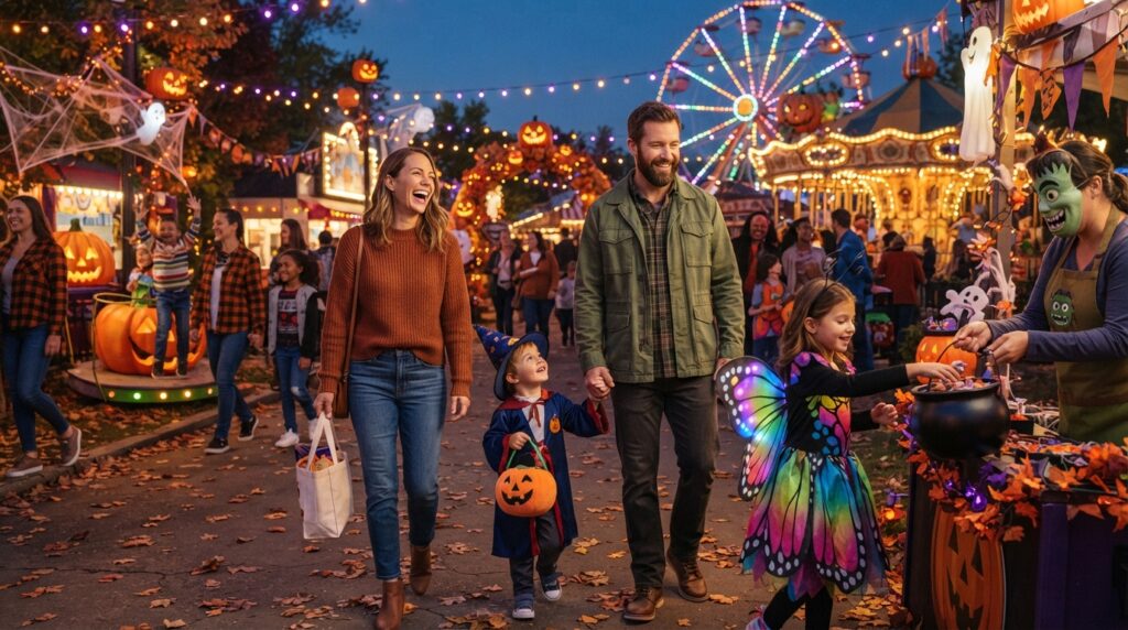 Young children enjoying a playful Halloween event at a Florida theme park