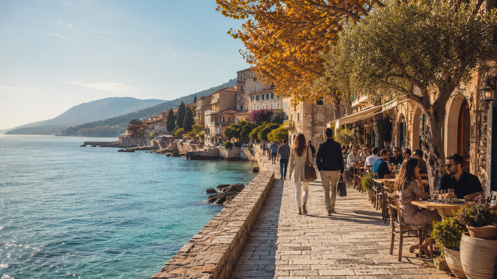Warm Mediterranean coast in Europe during October with travelers enjoying a sunny autumn afternoon