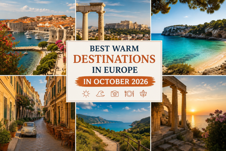 Best warm destinations in Europe in October with Mediterranean coast, historic streets and autumn travel scenes