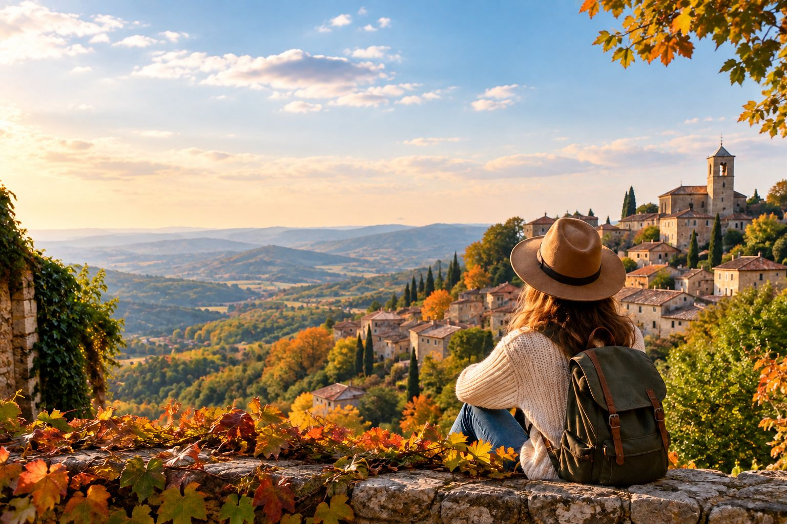 Quiet European hill town and countryside in October with a traveler enjoying a slow autumn trip