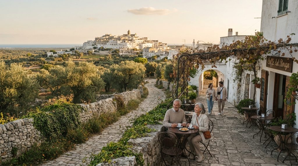 Puglia Italy in October with travelers exploring a whitewashed village surrounded by olive groves