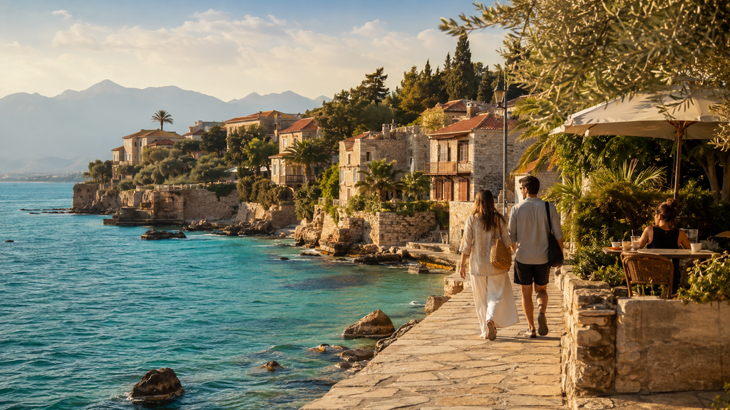 Warm October afternoon on the Turkish Riviera near Antalya with travelers along the Mediterranean coast
