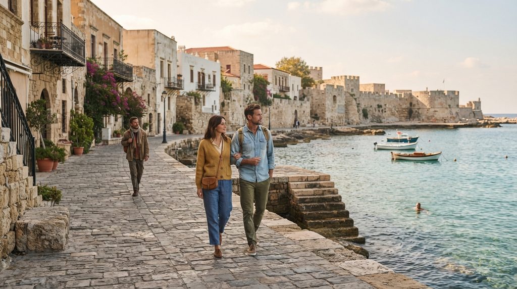 Rhodes Greece in October with travelers exploring a quiet Mediterranean waterfront and historic streets