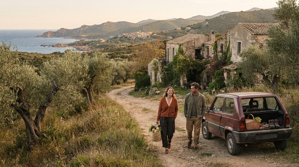 Sardinia Italy in October with travelers exploring a coastal village and Mediterranean countryside